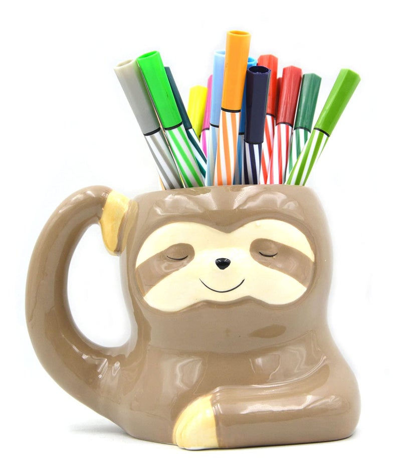 MONMOB 3.9 Inch Ceramic Sloth Shaped Cup Pen Holder Pencil Holder/Sloth Toothbrush Holder Cup Brush Holder Cute Desk Accessories Multipurpose Pot Sloth Gifts Ideal Gifts for Women, Mom or Birthdays - Image 1